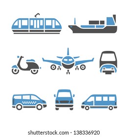 Transport Icons - A set of ninth. Vector illustrations, set silhouettes isolated on white background. Bicolor (blue and gray colors).