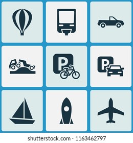 Transport icons set with parking, velocipede, pickup and other railroad elements. Isolated vector illustration transport icons.