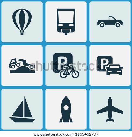 Transport icons set with parking, velocipede, pickup and other railroad elements. Isolated vector illustration transport icons.