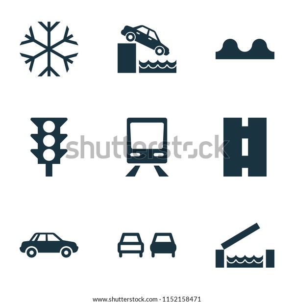 Transport\
icons set with risk, car, river and other stoplight elements.\
Isolated vector illustration transport\
icons.