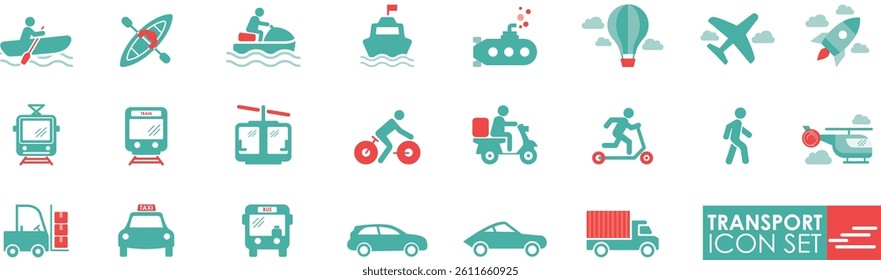 Transport icons set in solid style, containing vehicle, car, boat, airplane, bicycle, bus, train, truck, subway, and more