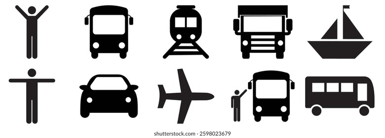 Transport icons Set of  transport symbol.  cars, trains, subway, monorail,
 linear motor car, airplane, ship, of vector illustration