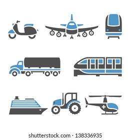 Transport Icons - A set of tenth. Vector illustrations, set silhouettes isolated on white background. Bicolor (blue and gray colors).