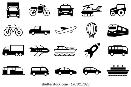 Transport Icons Set, transportation symbol illustration. car, train, boat, truck, plane, ballon and more. editable file. vector