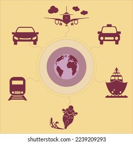 Transport Icons Set, transportation symbol illustration. car, train, ship, plane, taxi, motorbike.