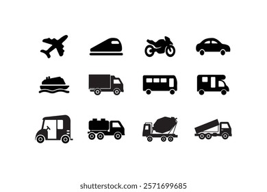 Transport Icons set vector art Classic Graphic Series. Transportation Set in Flat line art Design Style. Car icon set illustration isolated silhouette on white background