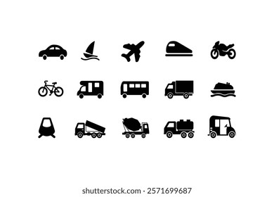 Transport Icons set vector art Classic Graphic Series. Transportation Set in Flat line art Design Style. Car icon set illustration isolated silhouette on white background