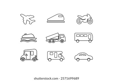 Transport Icons set vector art Classic Graphic Series. Transportation Set in Flat line art Design Style. Car icon set illustration isolated silhouette on white background