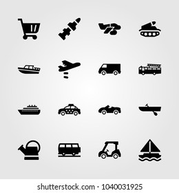 Transport icons set. Vector illustration sailboat, ship, fire truck and rocket