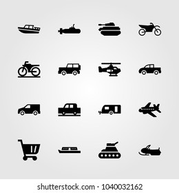 Transport icons set. Vector illustration submarine, motorcycle, sport bike and aeroplane