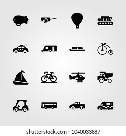Transport icons set. Vector illustration cart, hot air balloon, boat and golf car