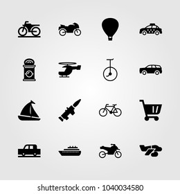 Transport icons set. Vector illustration helicopter, motorcycle, air balloon and cart