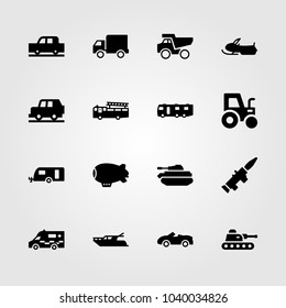 Transport icons set. Vector illustration yatch, tractor, zeppelin and fire truck