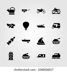 Transport icons set. Vector illustration air balloon, sport bike, tank and yatch