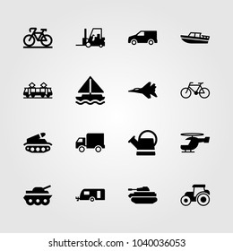 Transport icons set. Vector illustration van, bicycle, tram and boat