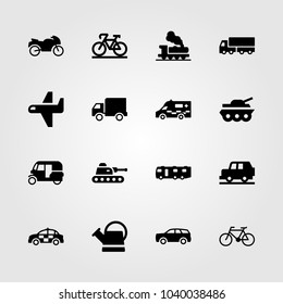 Transport icons set. Vector illustration train, ambulance, truck and can