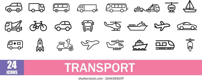 Ícones de transporte Conjunto de ícones do veículo, incluindo carro, bicicleta, avião, trem, ônibus e muito mais no vetor da linha no fundo branco