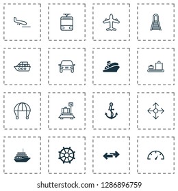 Transport icons set with vessel, luggage conveyor, ship hook and other automobile elements. Isolated vector illustration transport icons.