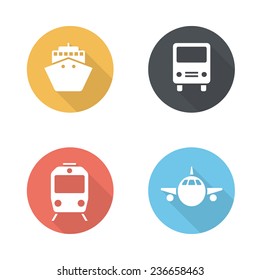 Transport icons with ship, bus, train and airplane. Flat design style