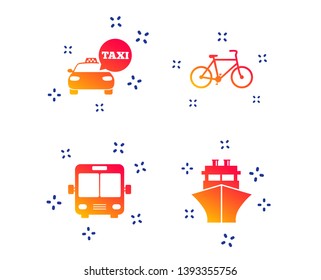 Transport icons. Taxi car, Bicycle, Public bus and Ship signs. Shipping delivery symbol. Speech bubble sign. Random dynamic shapes. Gradient transport icon. Vector