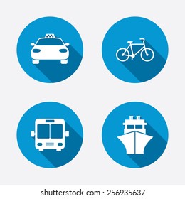 Transport icons. Taxi car, Bicycle, Public bus and Ship signs. Shipping delivery symbol. Family vehicle sign. Circle concept web buttons. Vector