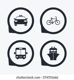 Transport icons. Taxi car, Bicycle, Public bus and Ship signs. Shipping delivery symbol. Family vehicle sign. Flat icon pointers.