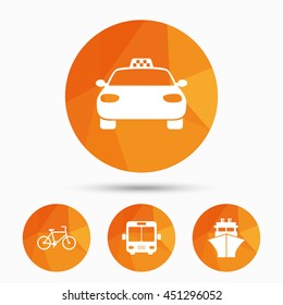 Transport icons. Taxi car, Bicycle, Public bus and Ship signs. Shipping delivery symbol. Family vehicle sign. Triangular low poly buttons with shadow. Vector