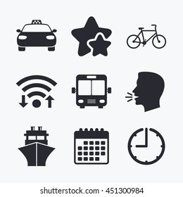 Transport icons. Taxi car, Bicycle, Public bus and Ship signs. Shipping delivery symbol. Family vehicle sign. Wifi internet, favorite stars, calendar and clock. Talking head. Vector