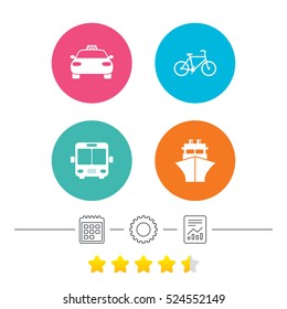 Transport icons. Taxi car, Bicycle, Public bus and Ship signs. Shipping delivery symbol. Family vehicle sign. Calendar, cogwheel and report linear icons. Star vote ranking. Vector