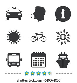 Transport icons. Taxi car, Bicycle, Public bus and Ship signs. Shipping delivery symbol. Family vehicle sign. Information, go to web and calendar icons. Sun and loud speak symbol. Vector
