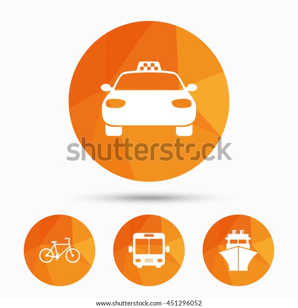 Transport icons. Taxi car, Bicycle,\
Public bus and Ship signs. Shipping delivery symbol. Family vehicle\
sign. Triangular low poly buttons with shadow.\
Vector