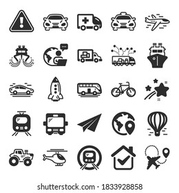 Transport icons. Taxi, Helicopter and subway train icons. Truck car, Tram and Air balloon transport. Bike, Airport airplane and Ship, subway. Travel bus, ambulance car, paper airplane. Vector