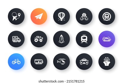 Transport icons. Taxi, Helicopter and Train. Airplane linear icon set. Circle web buttons. Vector