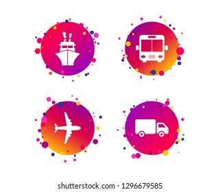 Transport icons. Truck, Airplane, Public bus and Ship signs. Shipping delivery symbol. Air mail delivery sign. Gradient circle buttons with icons. Random dots design. Vector