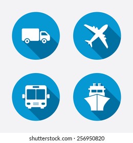 Transport icons. Truck, Airplane, Public bus and Ship signs. Shipping delivery symbol. Air mail delivery sign. Circle concept web buttons. Vector