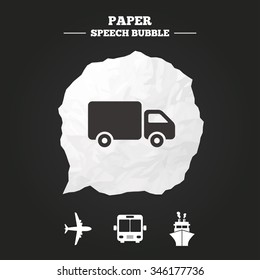 Transport icons. Truck, Airplane, Public bus and Ship signs. Shipping delivery symbol. Air mail delivery sign. Paper speech bubble with icon.