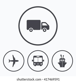Transport icons. Truck, Airplane, Public bus and Ship signs. Shipping delivery symbol. Air mail delivery sign. Icons in circles.