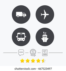 Transport icons. Truck, Airplane, Public bus and Ship signs. Shipping delivery symbol. Air mail delivery sign. Chat, award medal and report linear icons. Star vote ranking. Vector