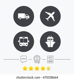 Transport icons. Truck, Airplane, Public bus and Ship signs. Shipping delivery symbol. Air mail delivery sign. Chat, award medal and report linear icons. Star vote ranking. Vector
