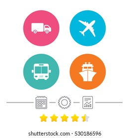 Transport icons. Truck, Airplane, Public bus and Ship signs. Shipping delivery symbol. Air mail delivery sign. Calendar, cogwheel and report linear icons. Star vote ranking. Vector