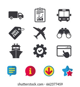 Transport icons. Truck, Airplane, Public bus and Ship signs. Shipping delivery symbol. Air mail delivery sign. Browser window, Report and Service signs. Binoculars, Information and Download icons