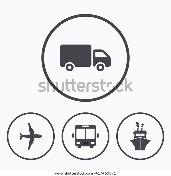 Transport icons. Truck, Airplane, Public bus and\
Ship signs. Shipping delivery symbol. Air mail delivery sign. Icons\
in circles.