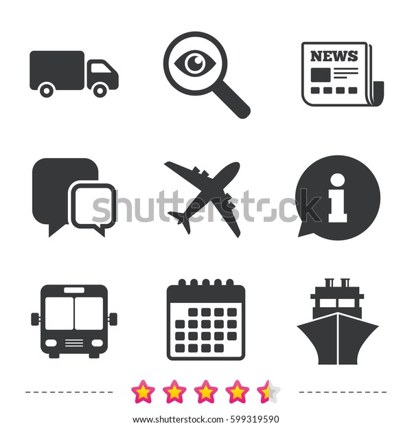 Transport icons. Truck, Airplane, Public bus and\
Ship signs. Shipping delivery symbol. Air mail delivery sign.\
Newspaper, information and calendar icons. Investigate magnifier,\
chat symbol. Vector