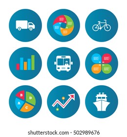 Transport icons. Truck, Bicycle, Bus and Ship.