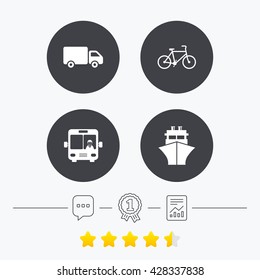 Transport icons. Truck, Bicycle, Public bus with driver and Ship signs. Shipping delivery symbol. Family vehicle sign. Chat, award medal and report linear icons. Star vote ranking. Vector