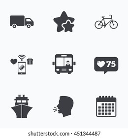 Transport icons. Truck, Bicycle, Public bus with driver and Ship signs. Shipping delivery symbol. Family vehicle sign. Flat talking head, calendar icons. Stars, like counter icons. Vector