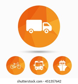 Transport icons. Truck, Bicycle, Public bus with driver and Ship signs. Shipping delivery symbol. Family vehicle sign. Triangular low poly buttons with shadow. Vector