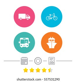 Transport icons. Truck, Bicycle, Public bus with driver and Ship signs. Shipping delivery symbol. Family vehicle sign. Calendar, cogwheel and report linear icons. Star vote ranking. Vector