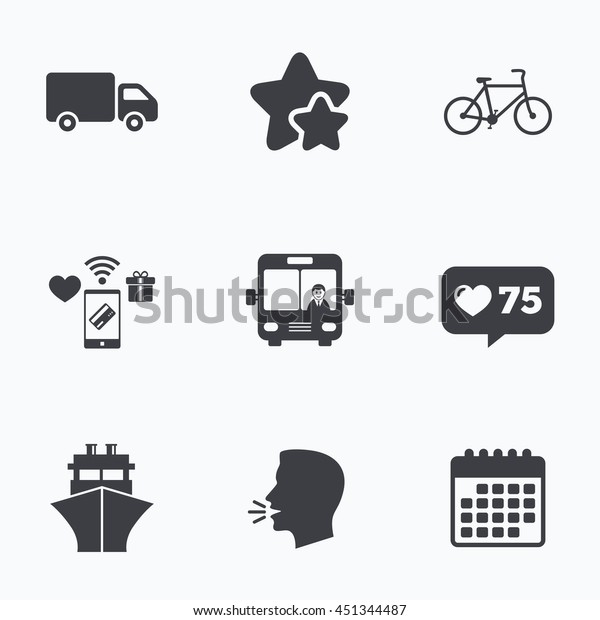 Transport icons. Truck, Bicycle, Public bus with\
driver and Ship signs. Shipping delivery symbol. Family vehicle\
sign. Flat talking head, calendar icons. Stars, like counter icons.\
Vector