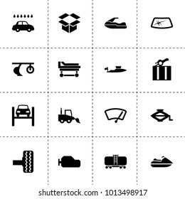 Transport icons. vector collection filled transport icons. includes symbols such as plow, tire, car window repair, car lift, gearbox. use for web, mobile and ui design.